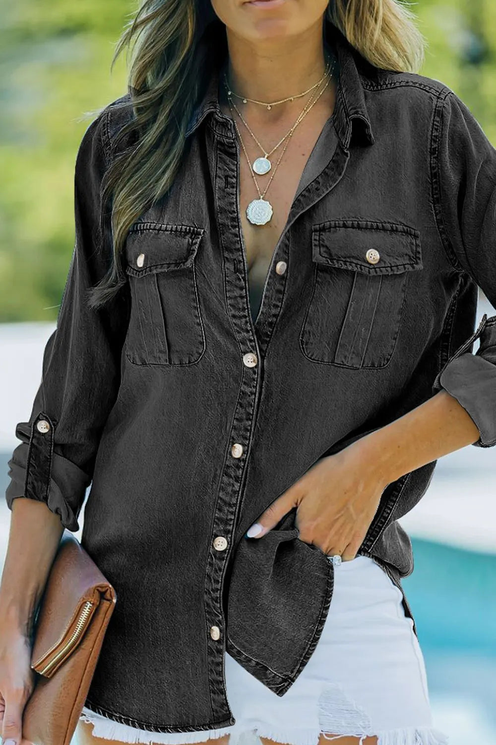 Collared Neck Long Sleeve Denim Top - Black