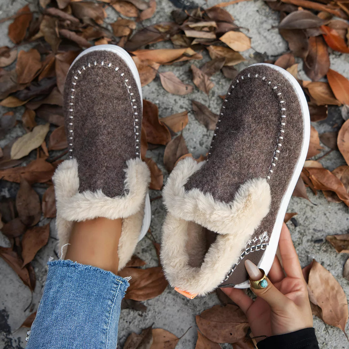 Cozy Fur-Trimmed Slip-Ons - Reddish Brown