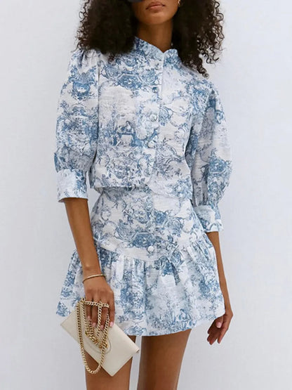 Printed Mock Neck Top and Skirt Set - Blue