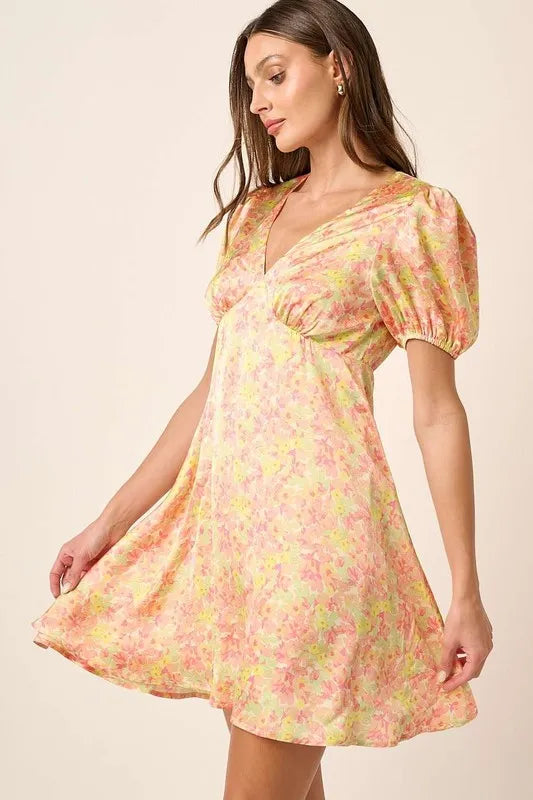 Printed V-Neck Puff Sleeve Mini Dress - Yellow