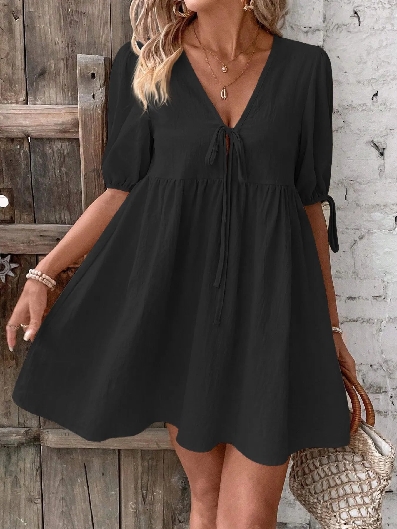 V-Neck Puff Sleeves Mini Dress -