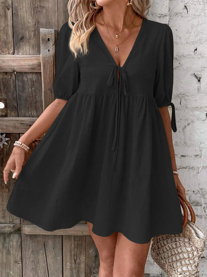 V-Neck Puff Sleeves Mini Dress -