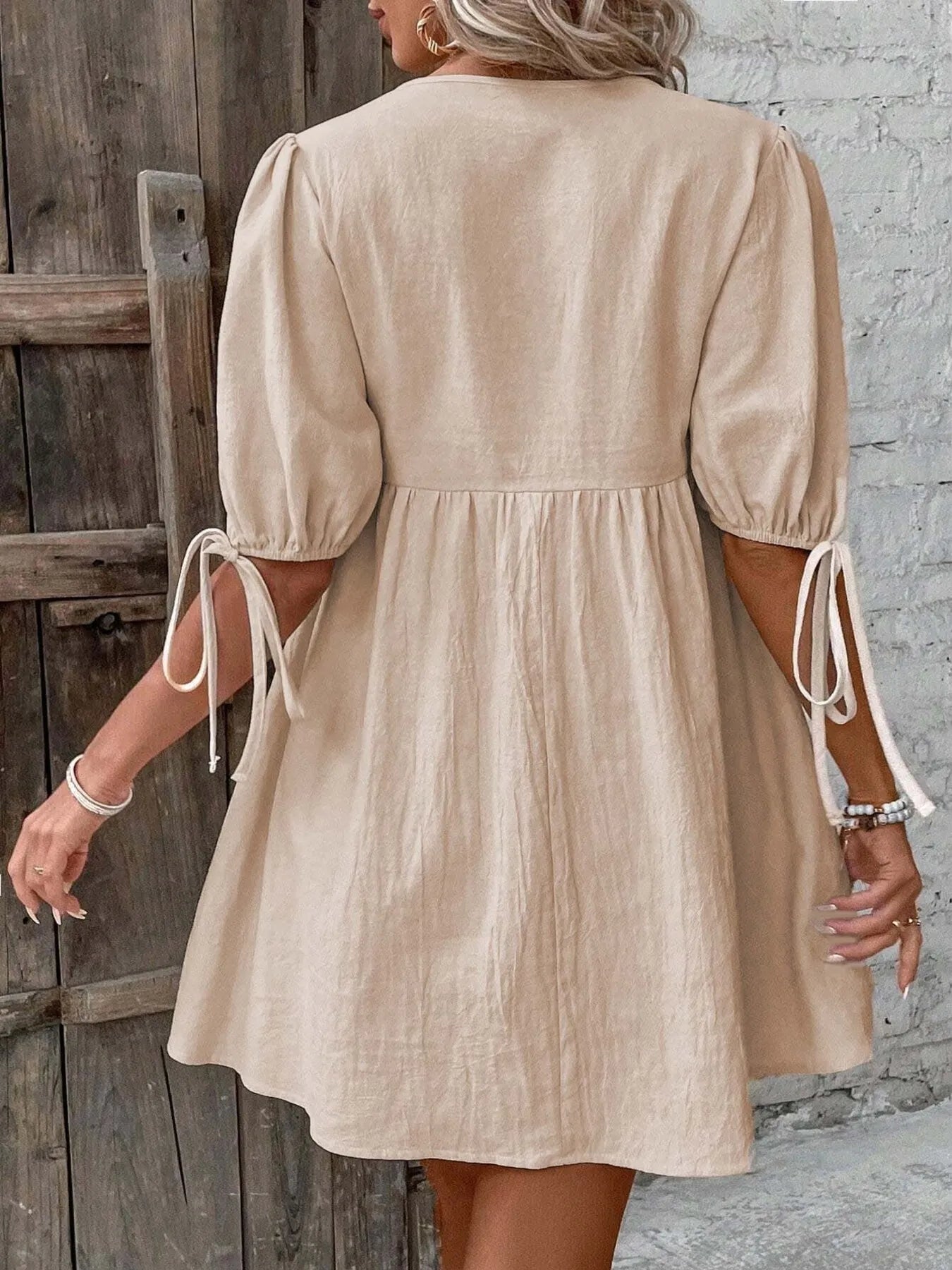 V-Neck Puff Sleeves Mini Dress -