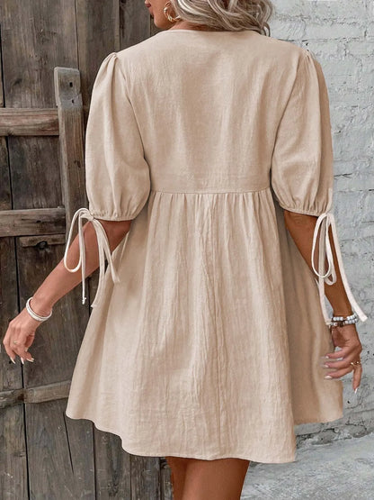 V-Neck Puff Sleeves Mini Dress -