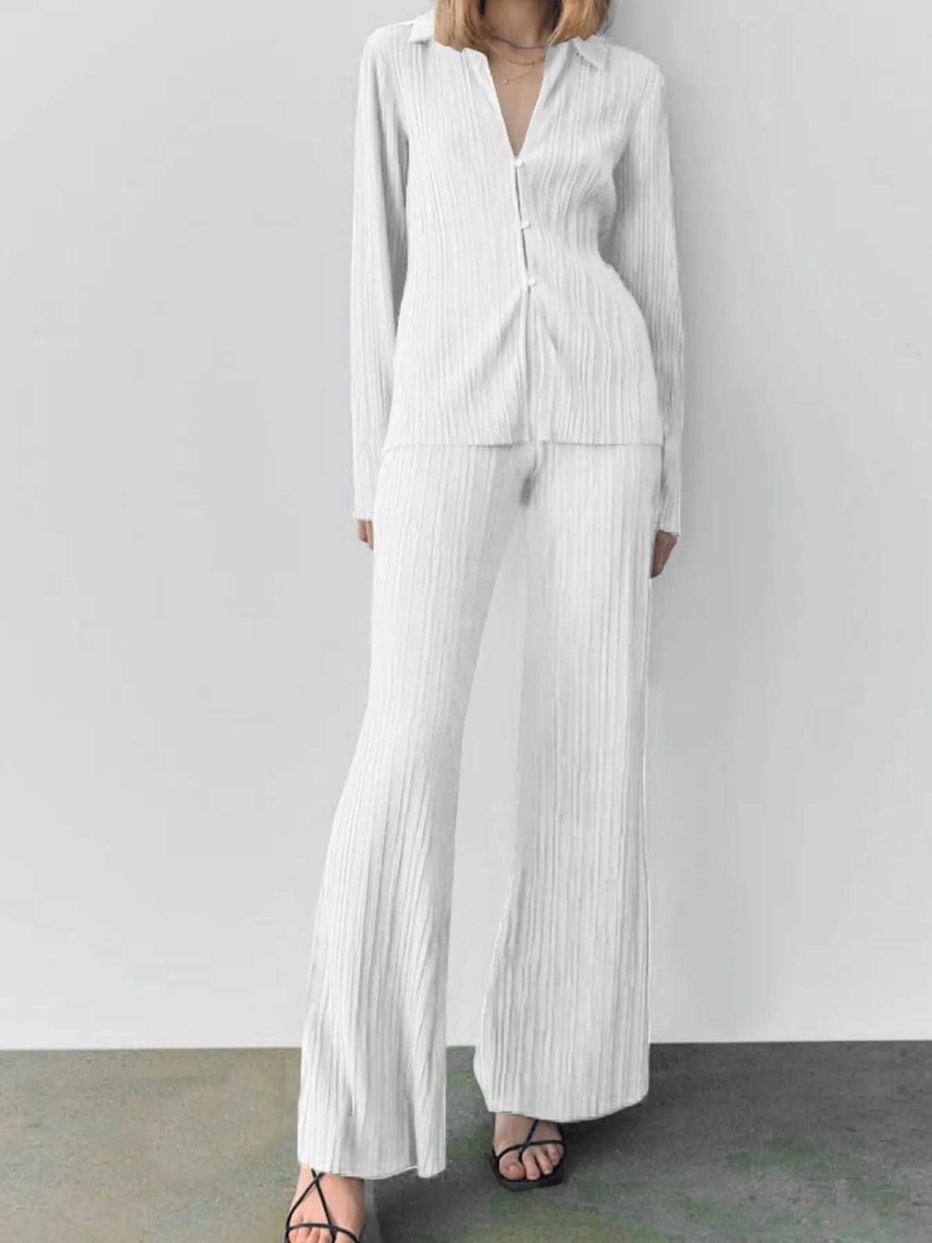 Texture Long Sleeve Top and Pants Lounge Set - White