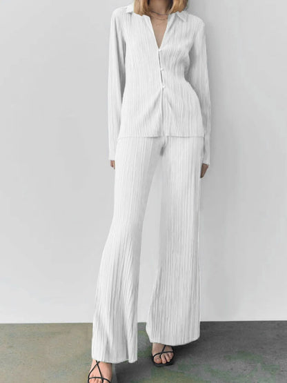 Texture Long Sleeve Top and Pants Lounge Set - White
