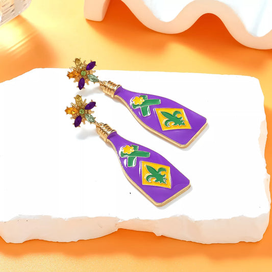 Mardi Gras Bottle Dangle Earrings - Purple One Size