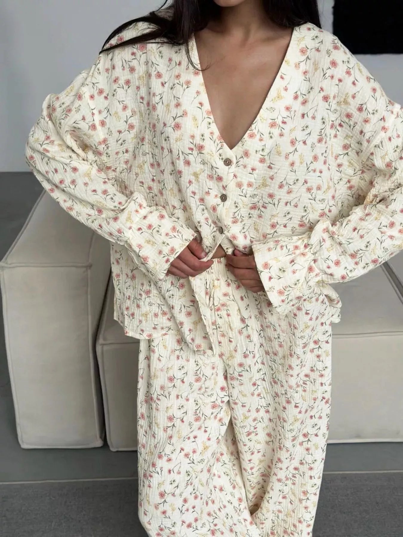 Floral Print Button-Down Top and Pants Lounge Set -
