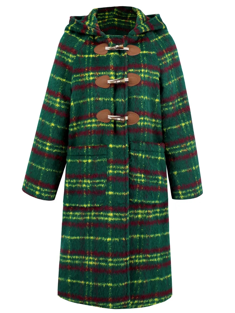 Plaid Long Sleeve Hooded Coat - Dark Green
