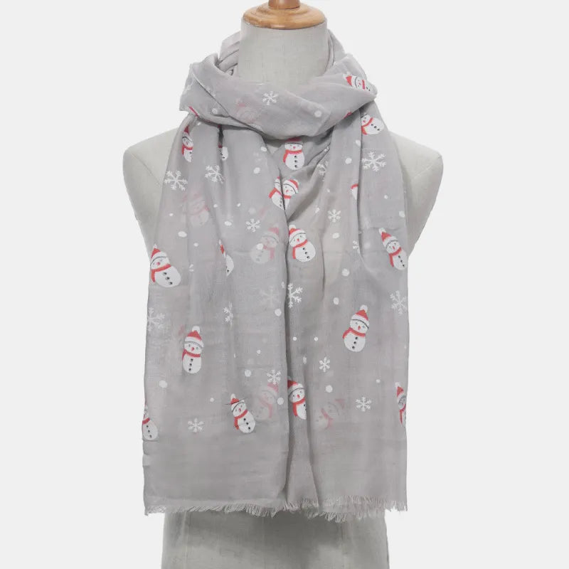 Fringe Snowman Polyester Scarf - Light Gray One Size