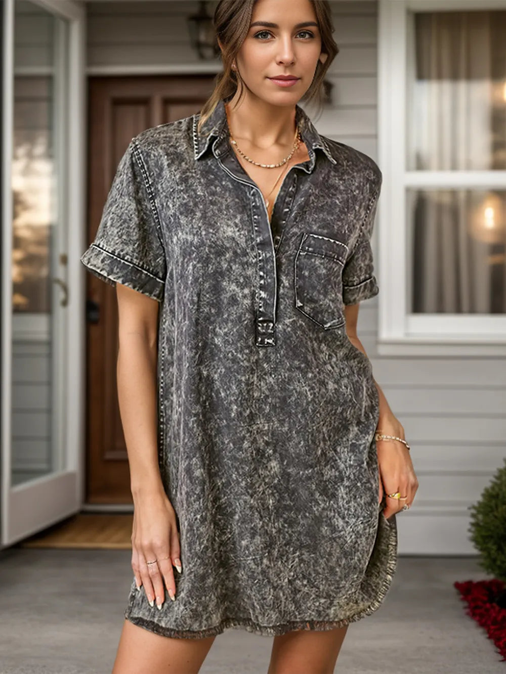 Pocketed Collared Neck Short Sleeve Denim Dress - Black