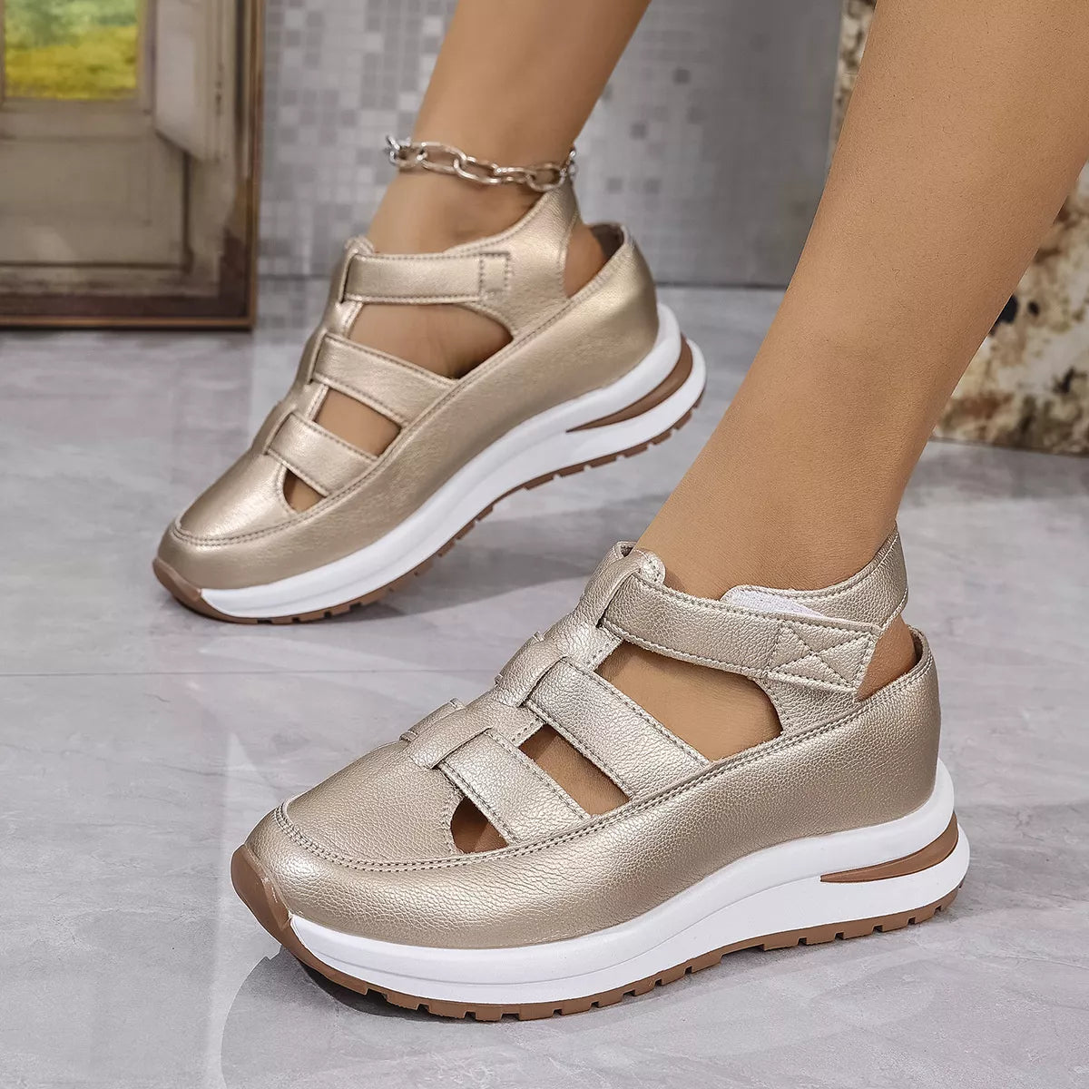 Cutout Wedge Velcro Sandals -