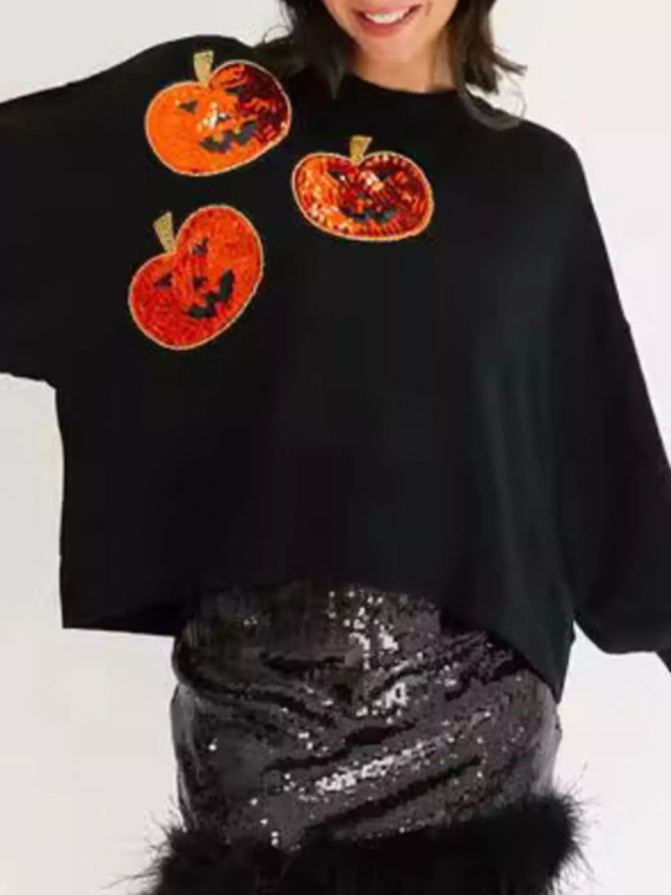 Halloween Pumpkin Round Neck Sweatshirt - Black