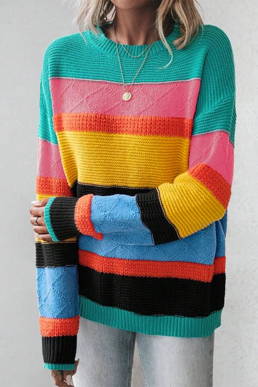 Contrast Round Neck Dropped Shoulder Sweater - Turquoise