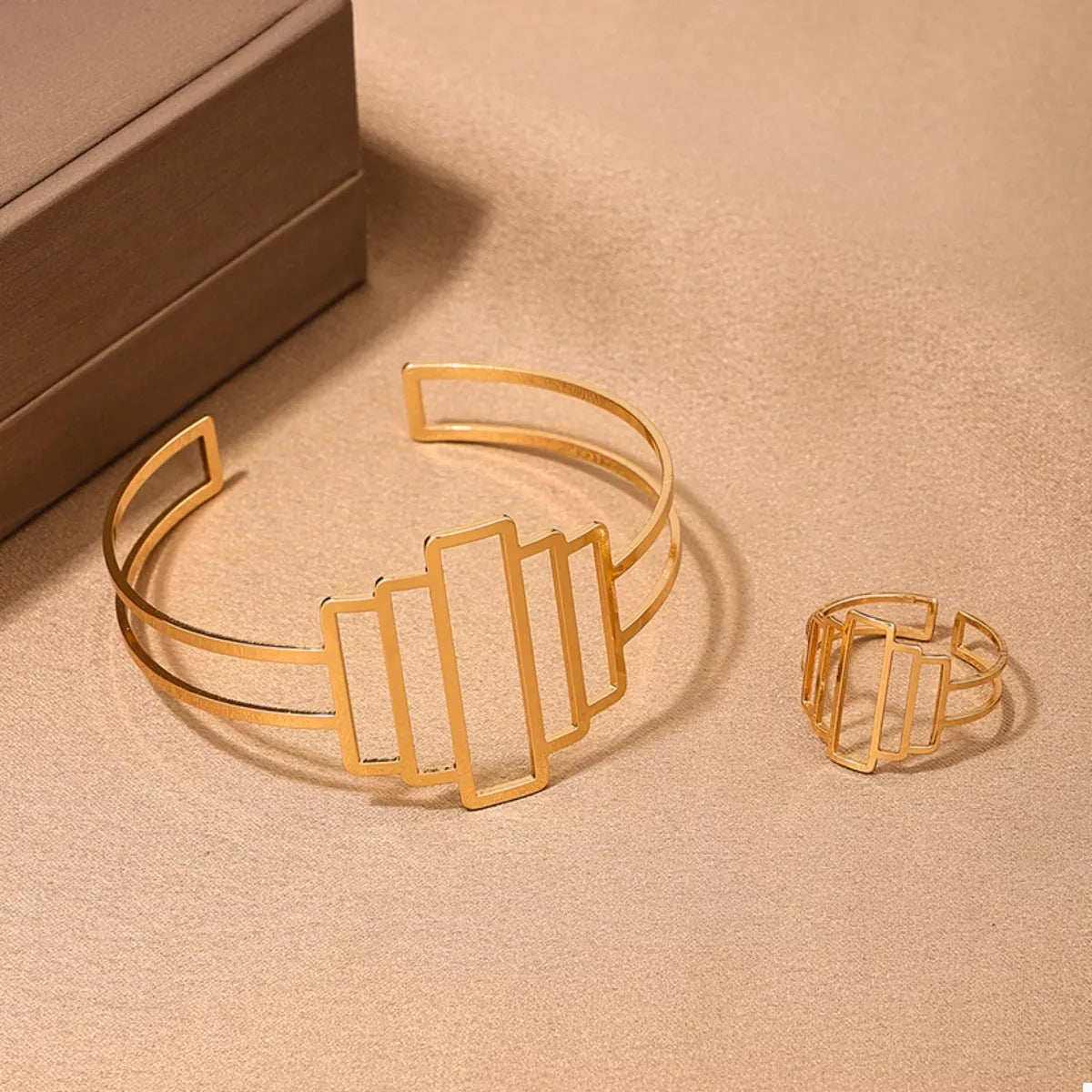 Gold-Plated Open Bracelet and Ring Jewelry Set -