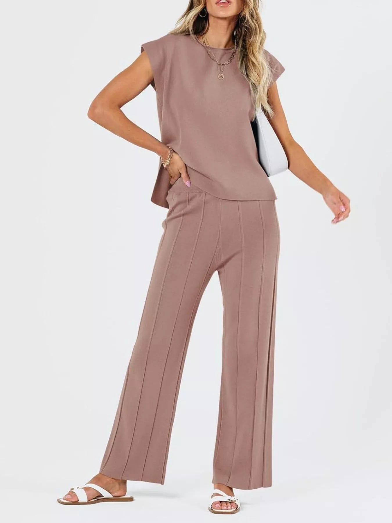 Casual Cap Sleeve Top and Pants Knit Set - Taupe
