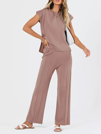 Casual Cap Sleeve Top and Pants Knit Set - Taupe
