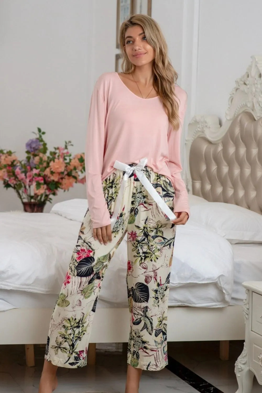 Round Neck Top and Printed Pants Lounge Set - Watermelon Pink