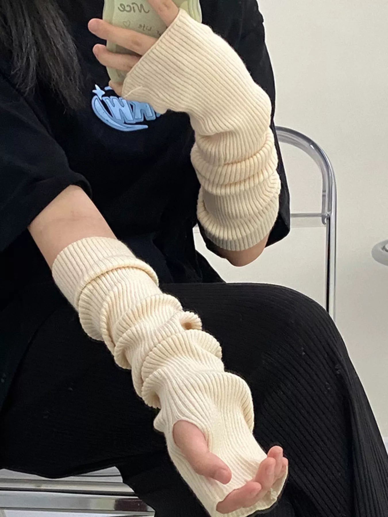 Knitted Arm Warmer Gloves - Beige White One Size
