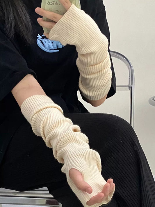 Knitted Arm Warmer Gloves - Beige White One Size