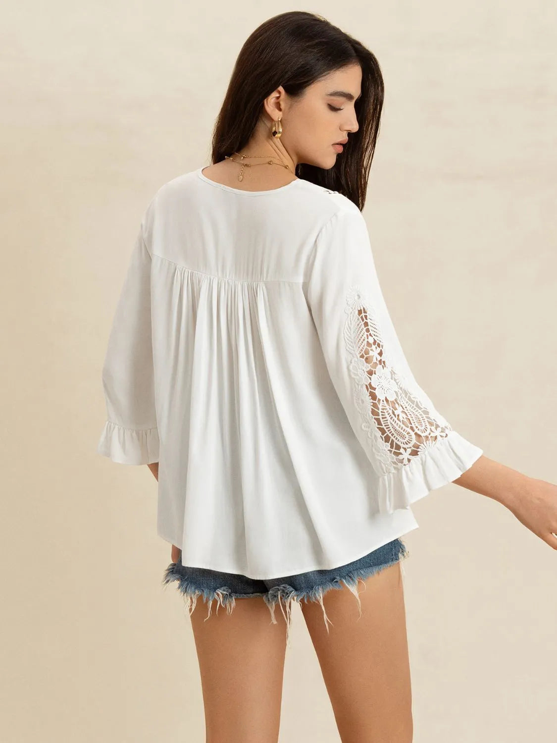 V-Neck Lace Flounce Sleeve Top - White