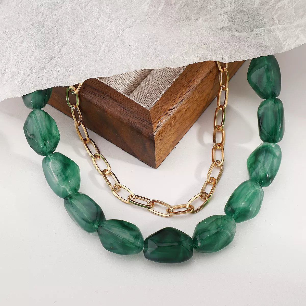 Colorful Beaded Chain Necklace - Agate Green One Size