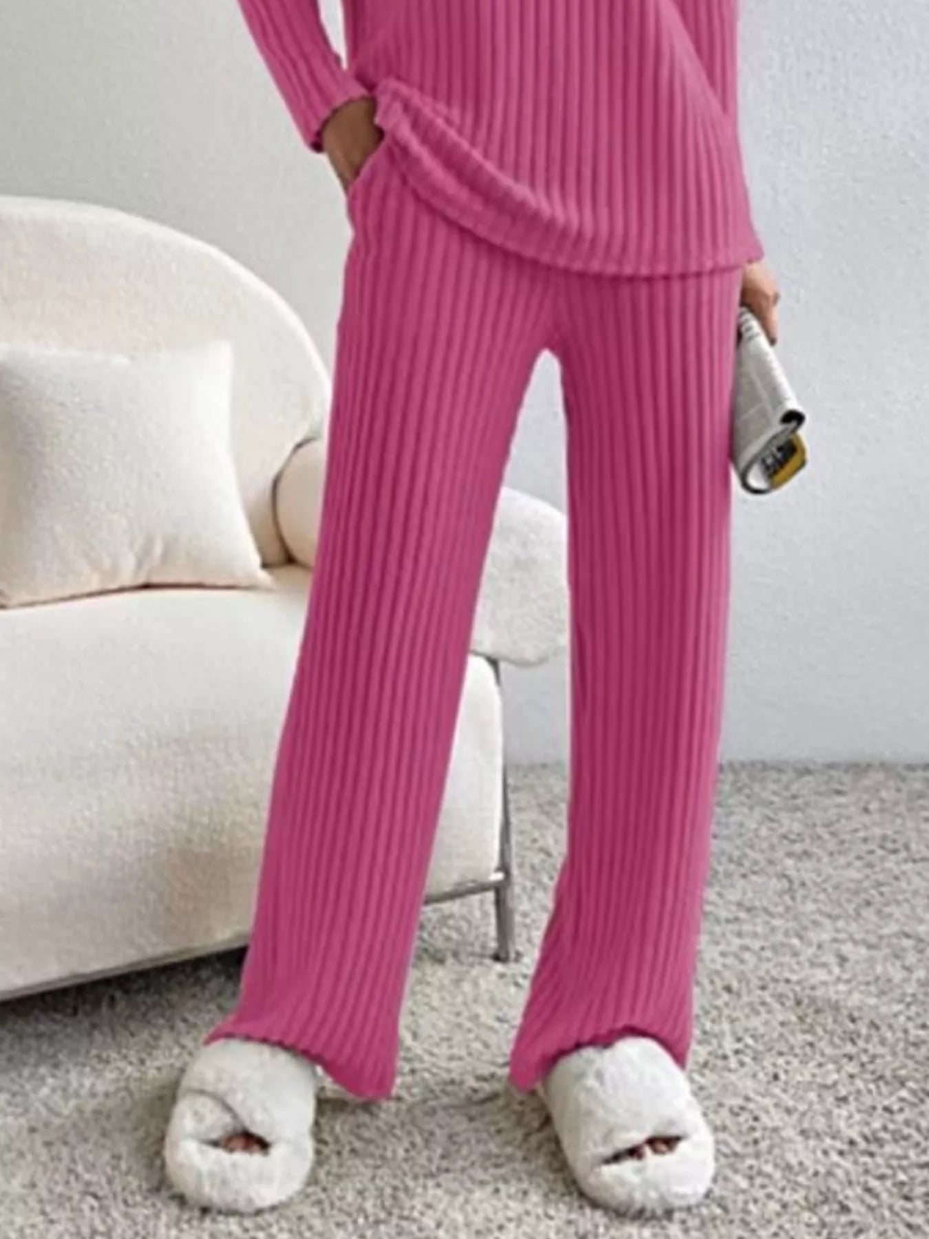 Ribbed Knit V-Neck Top and Pants Set -