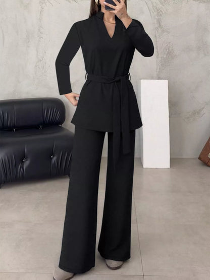 Tie-Waist Long Sleeve Top and Pants Set -