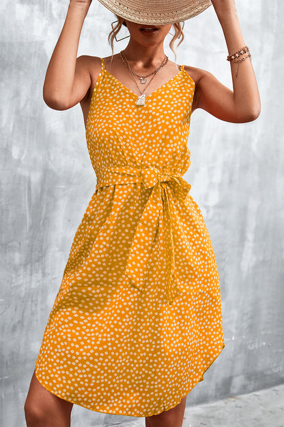 Printed V-Neck Tie Waist Mini Dress | AdoreStarr