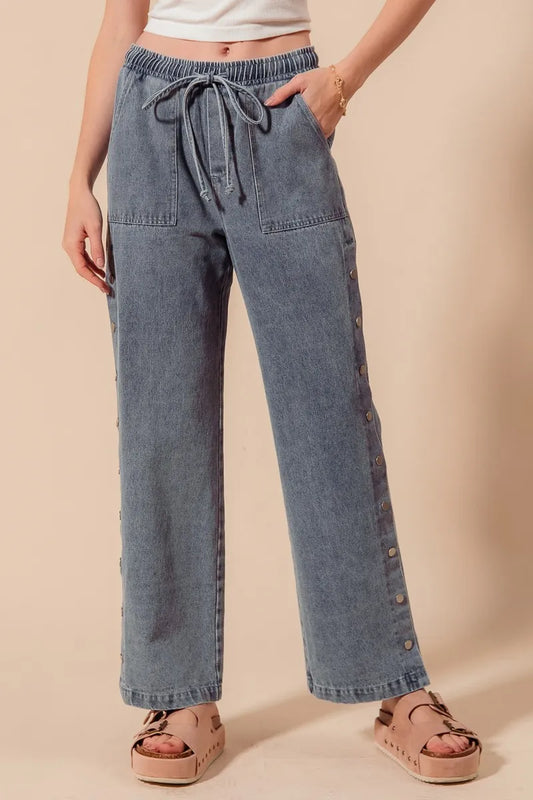 Mid Rise Drawstring Jeans with Side Snap Button - Denim