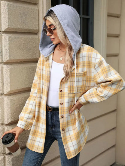 Drawstring Plaid Button Up Hooded Jacket - Pastel Yellow