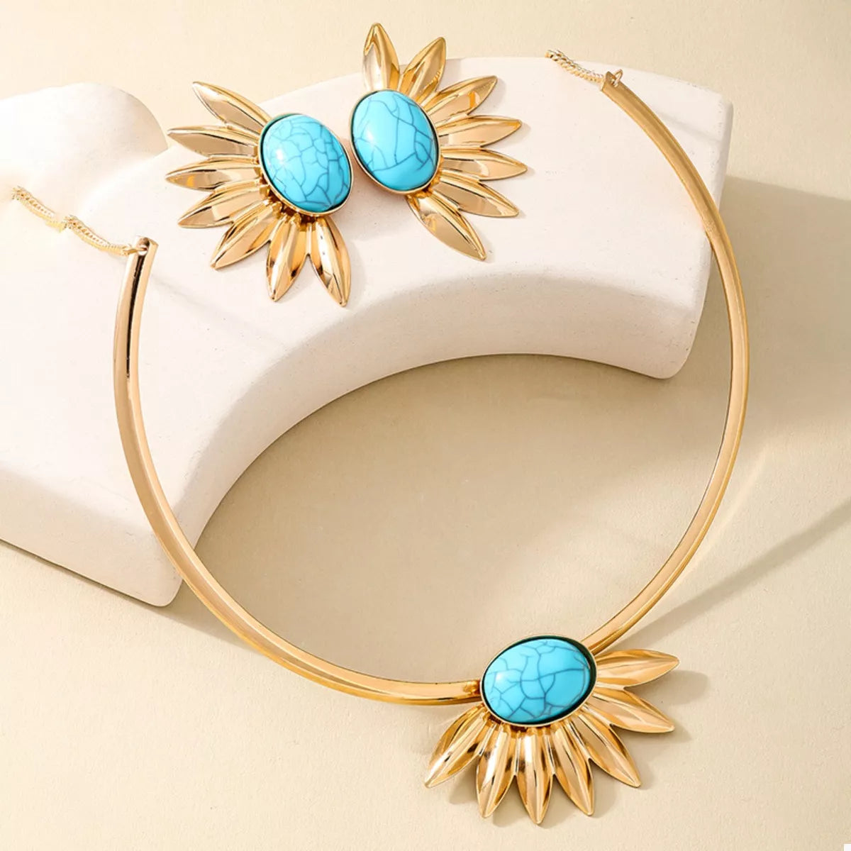 Turquoise Sunflower Necklace and Earrings Jewelry Set -