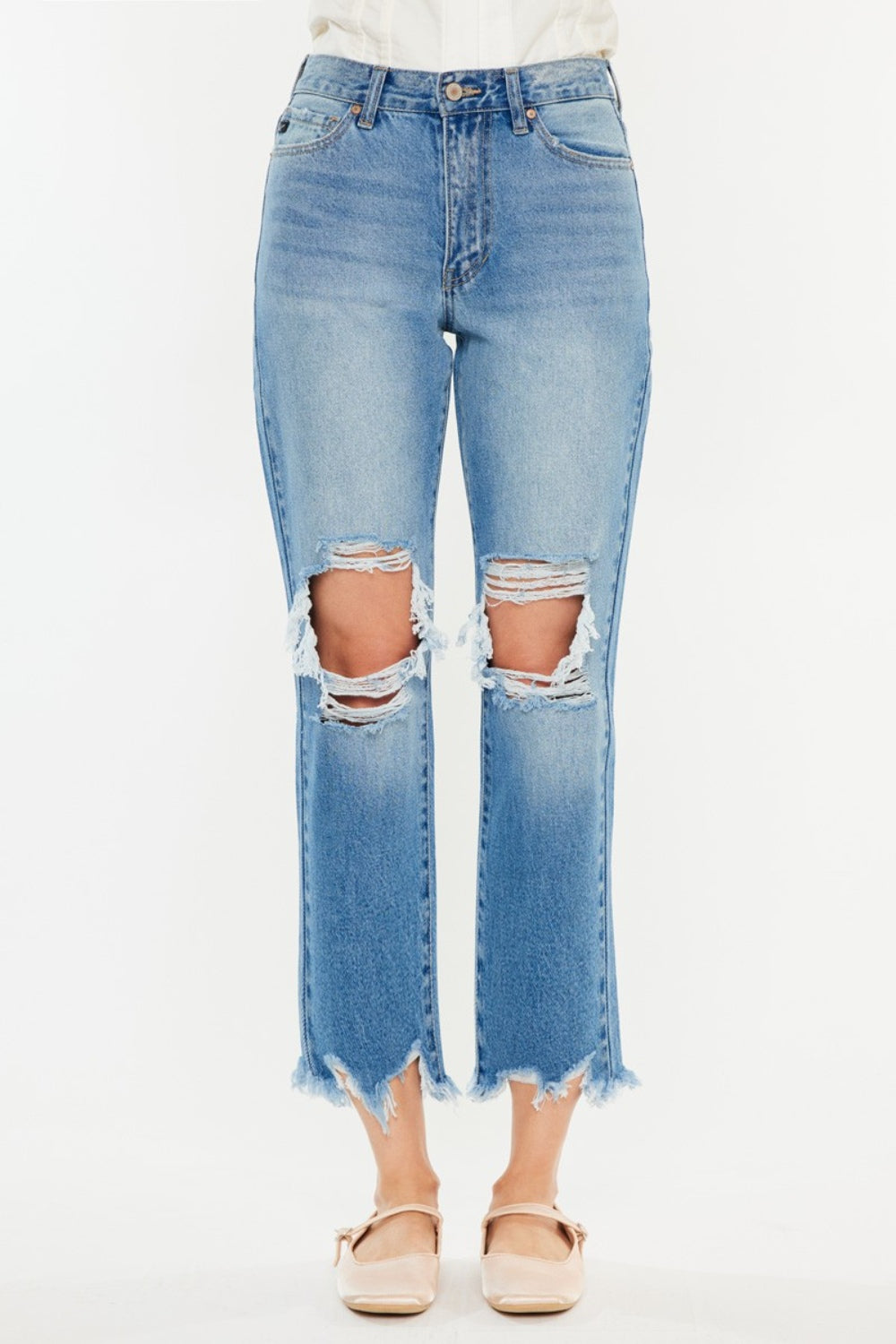 Distressed Frayed Hem Cropped Jeans - Medium