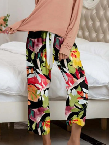 Round Neck Top and Printed Pants Lounge Set -
