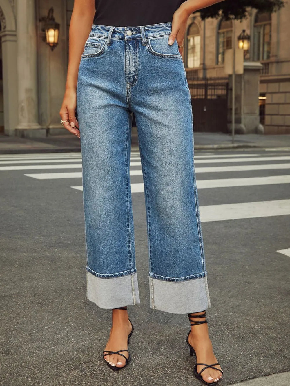 High Waisted Straight Leg Rolled Jeans -