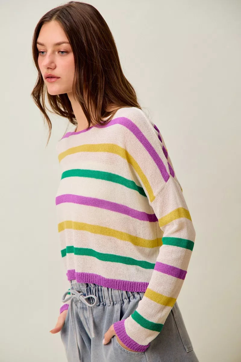 Mardi Gras Color Stripe Lightweight Sweater Top -