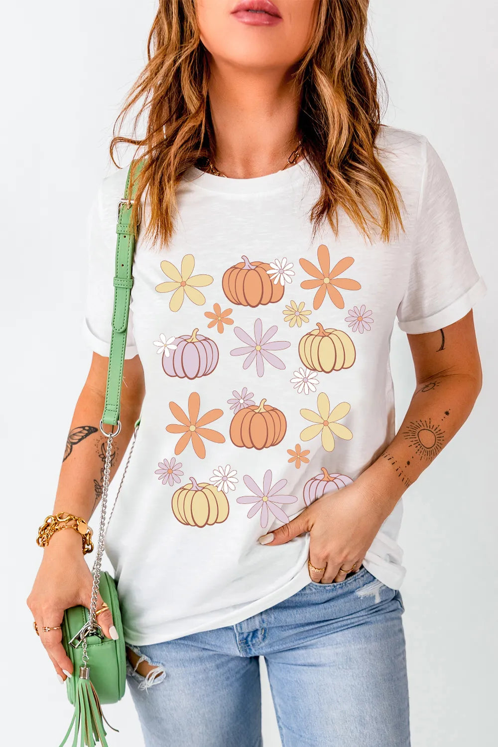 Pumpkin and Flower Round Neck T-Shirt -