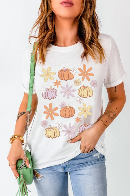 Pumpkin and Flower Round Neck T-Shirt -