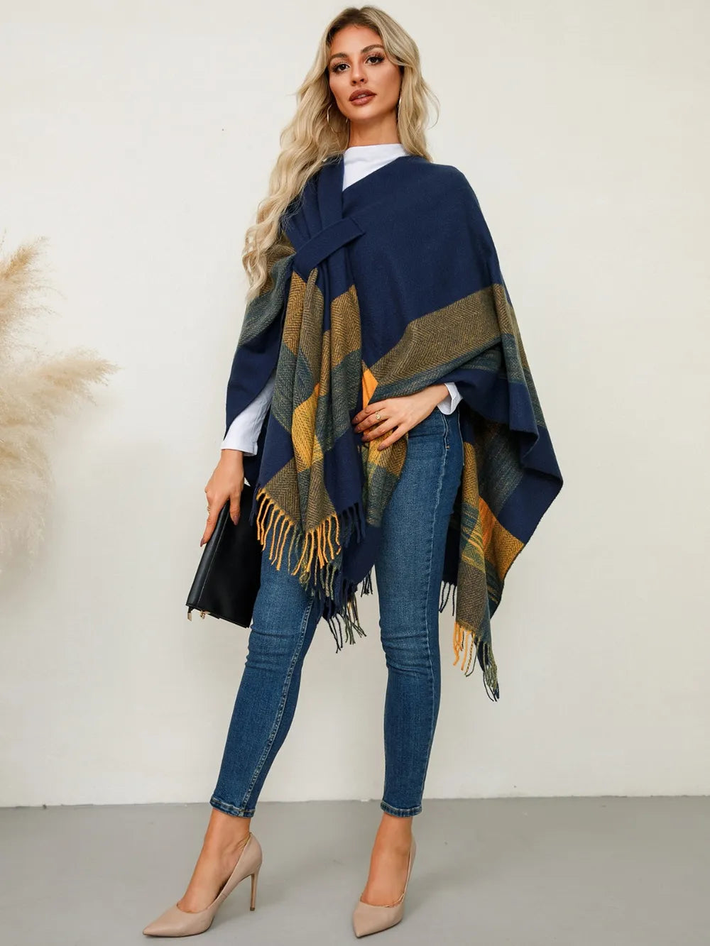 Fringe Contrast Plaid Poncho - Navy One Size