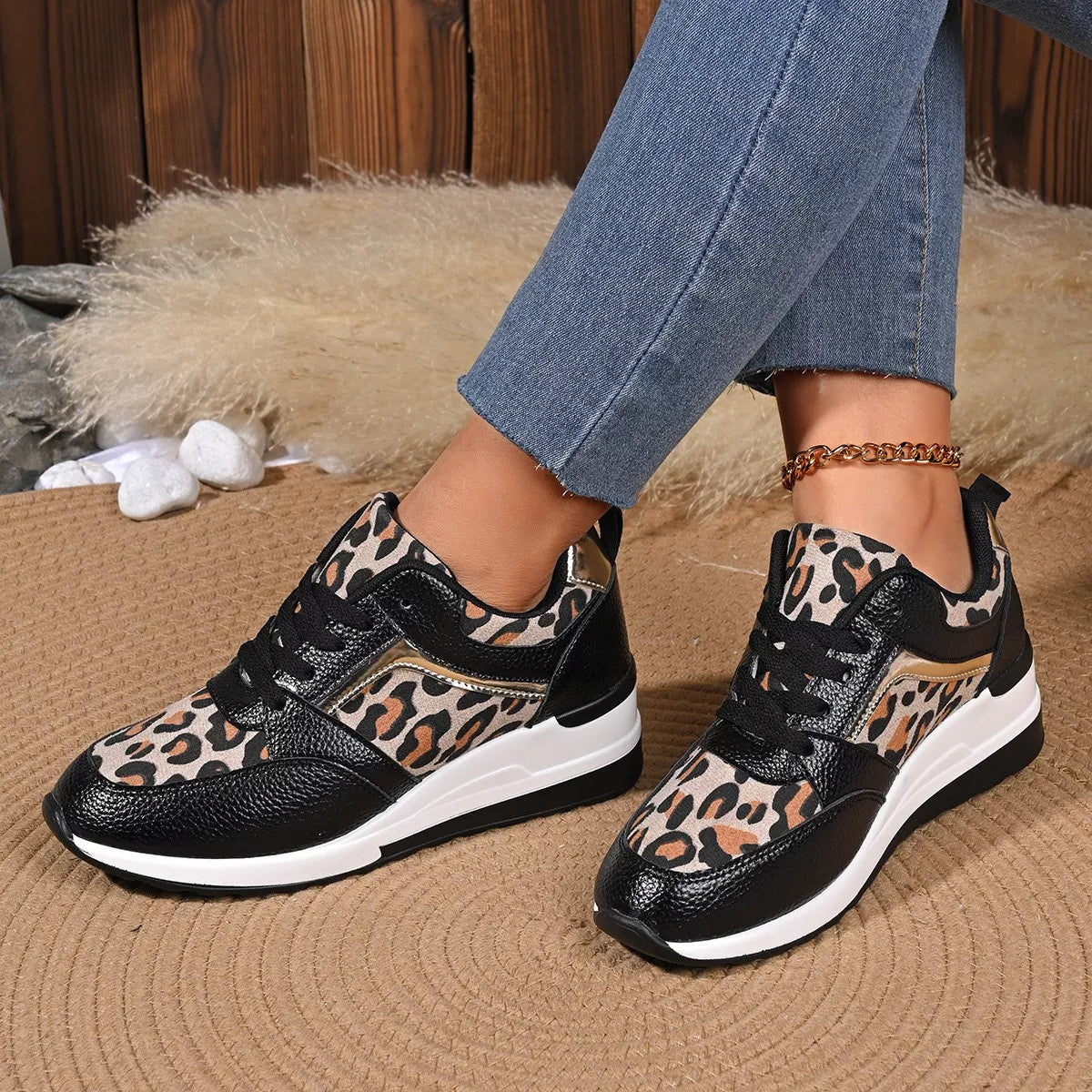 Leopard Lace Up Sneakers -