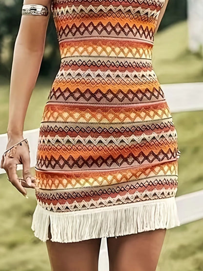 Fringe Grecian Neck Mini Dress -