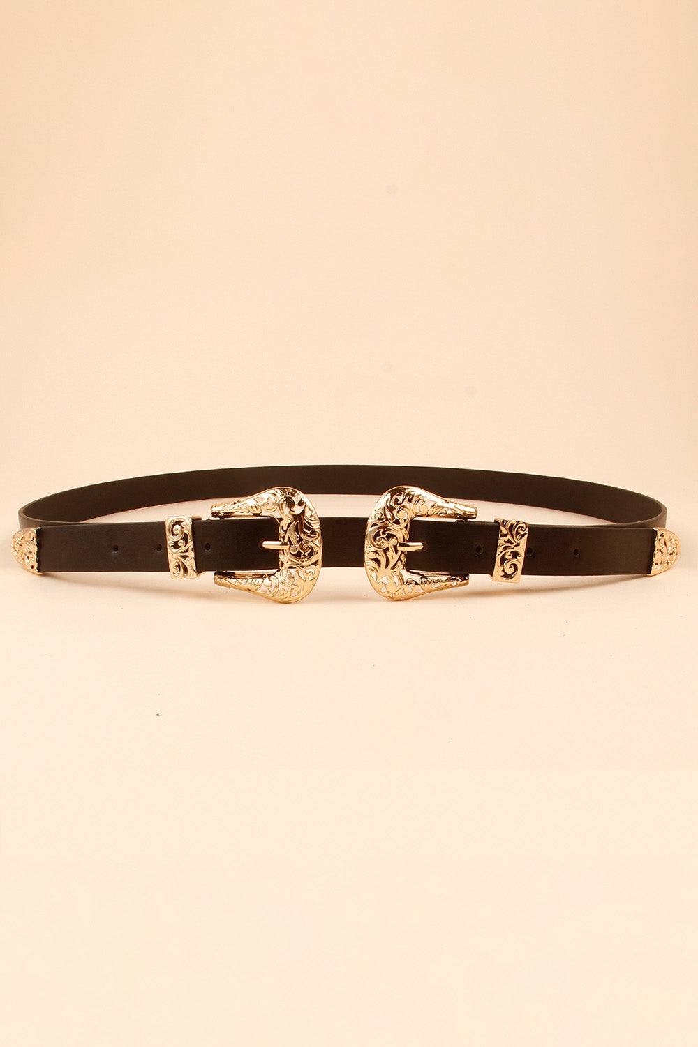 Double Buckle PU Leather Belt - Black One Size
