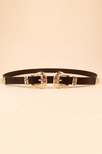 Double Buckle PU Leather Belt - Black One Size