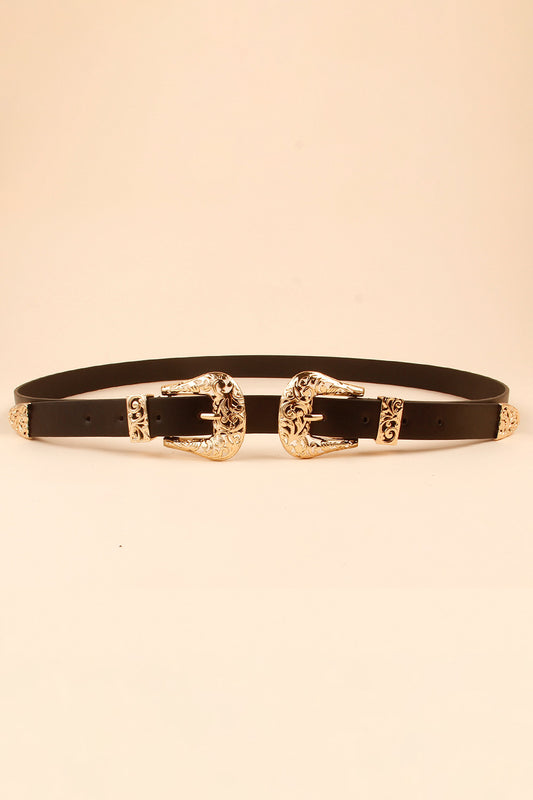 Double Buckle PU Leather Belt - Black One Size