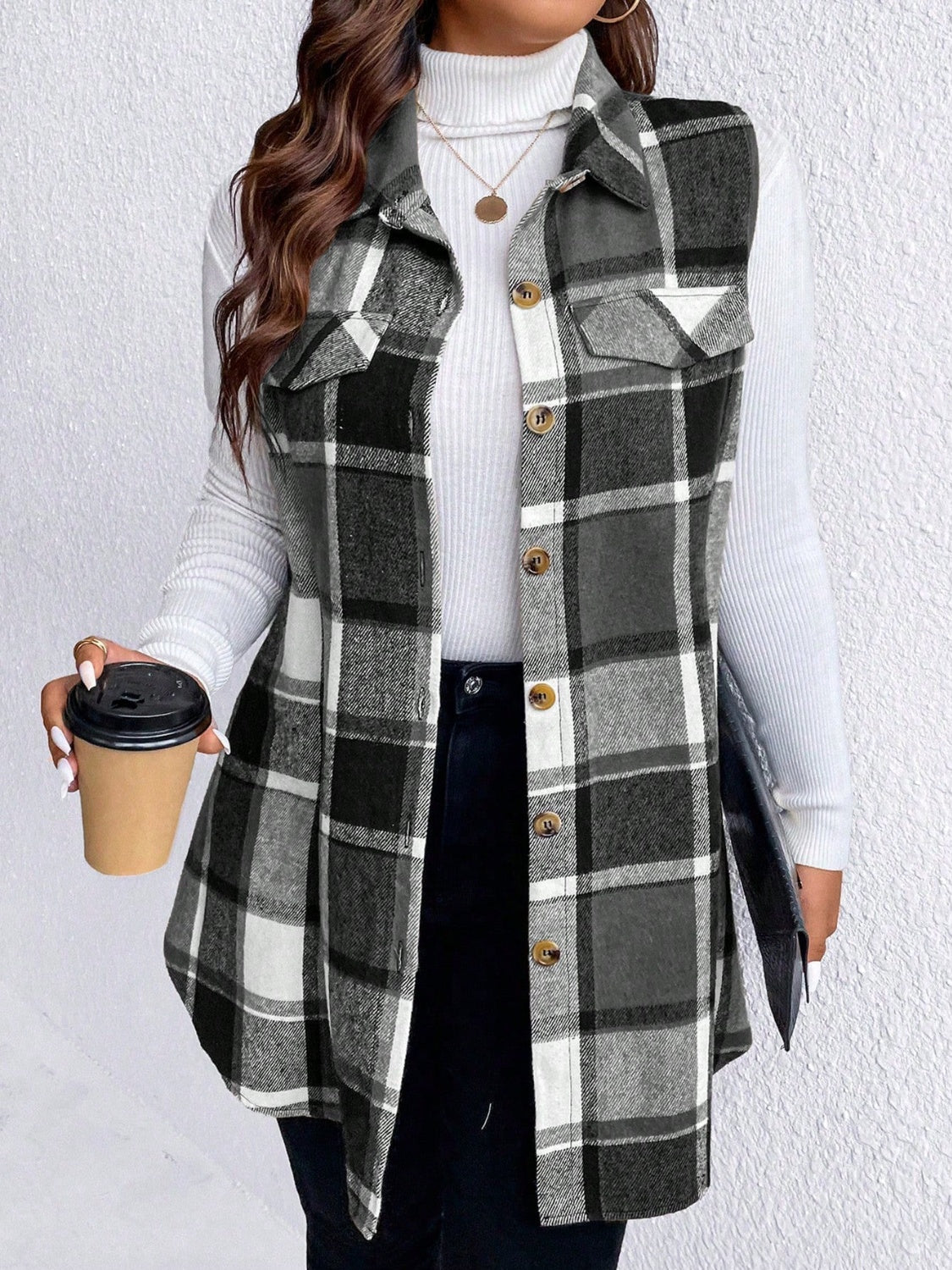 Plus Size Pocketed Plaid Button Up Vest Coat - Black