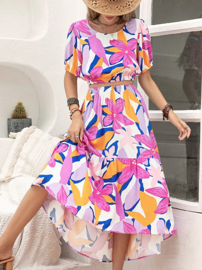 Printed Round Neck Top and Skirt Set -