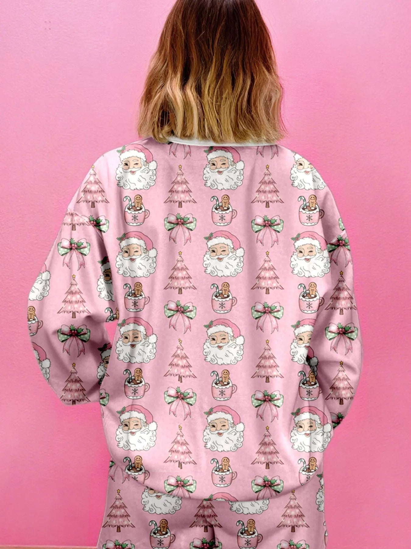 Santa Print Round Neck Top and Shorts Lounge Set -