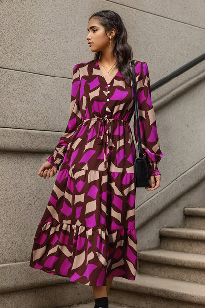 Printed Tied Pocketed Lantern Sleeve Dress | AdoreStarr