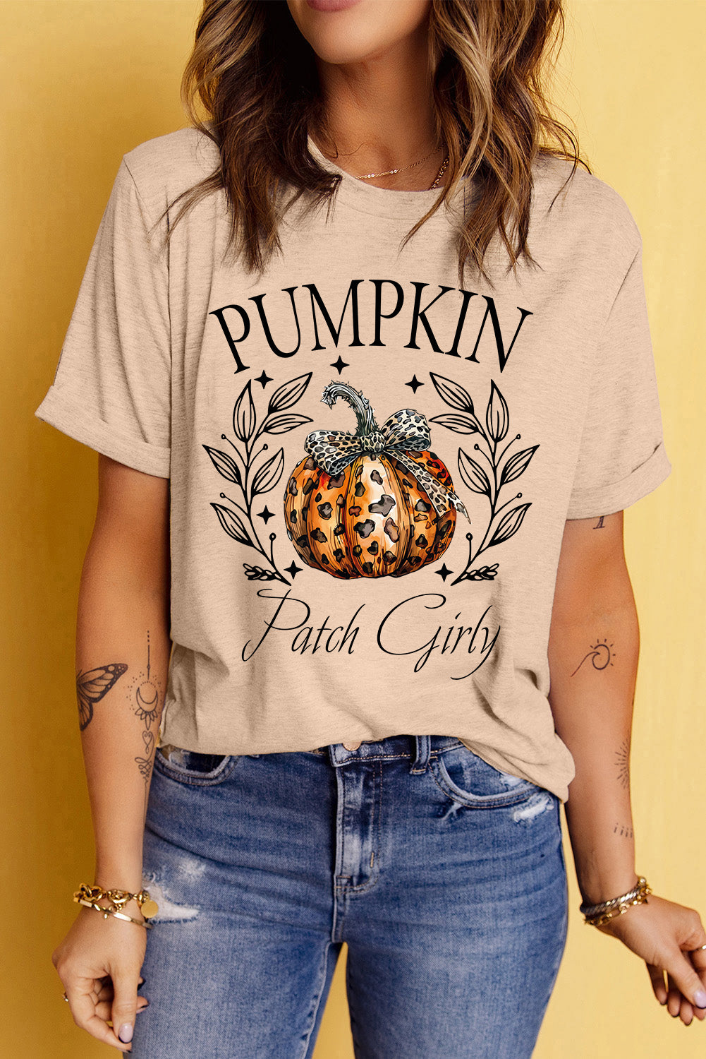 Pumpkin Graphic Round Neck Short Sleeve T-Shirt - Tan