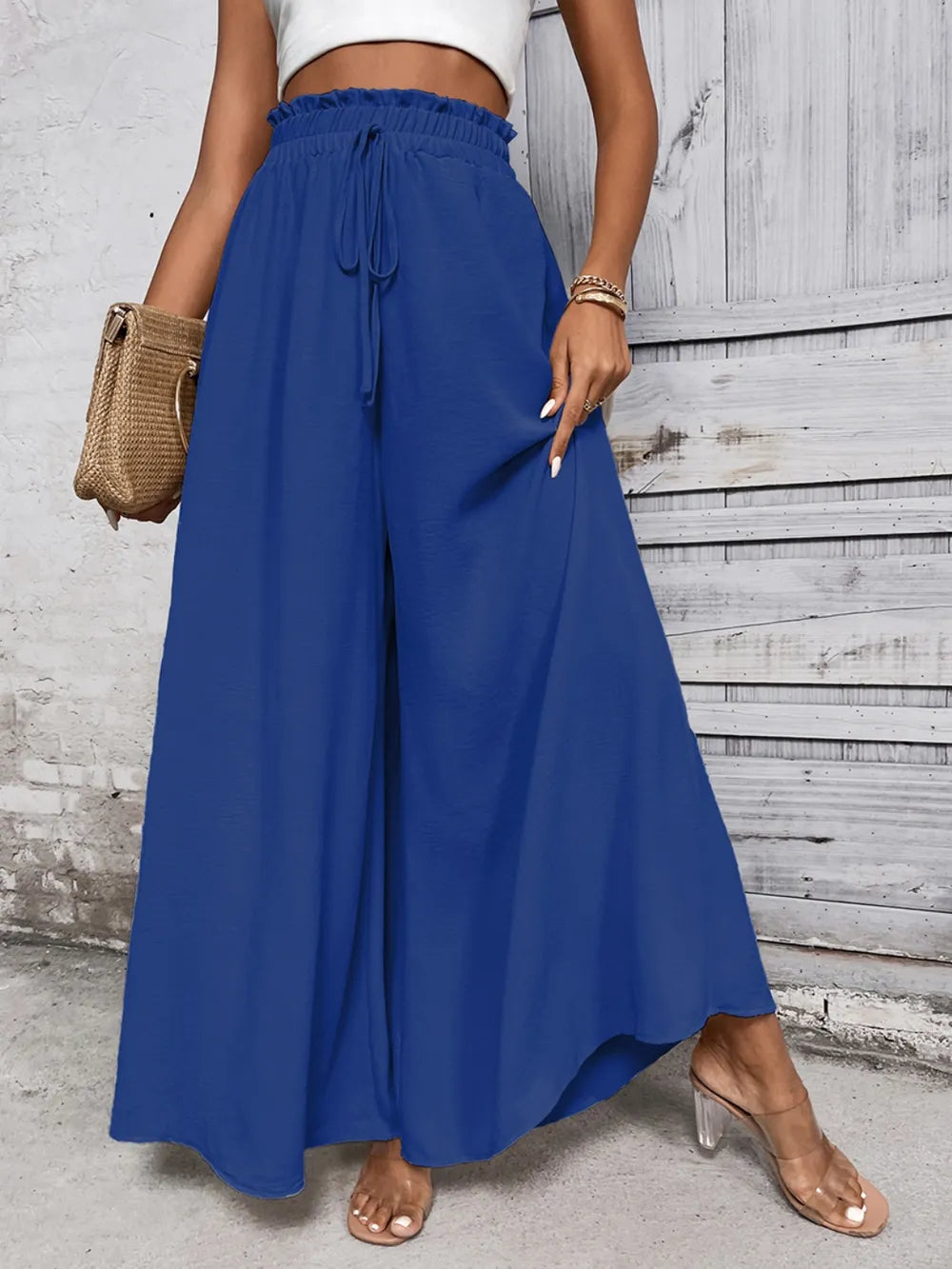 Tied High Waist Wide Leg Pants - Royal Blue